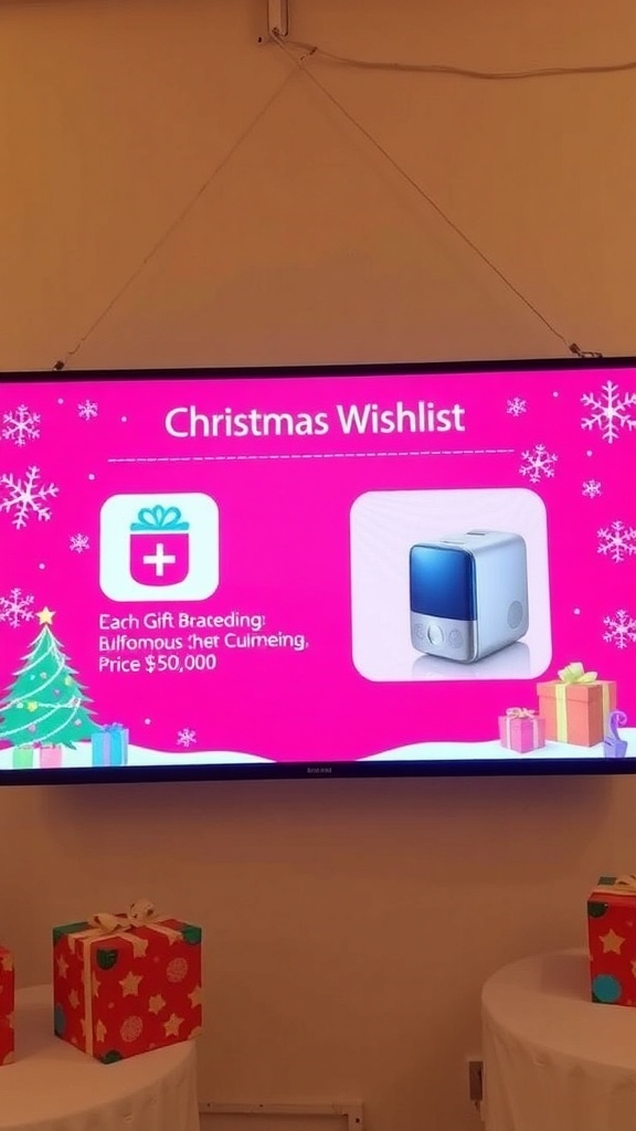 Christmas wishlist presentation slide with gift ideas and festive decorations.
